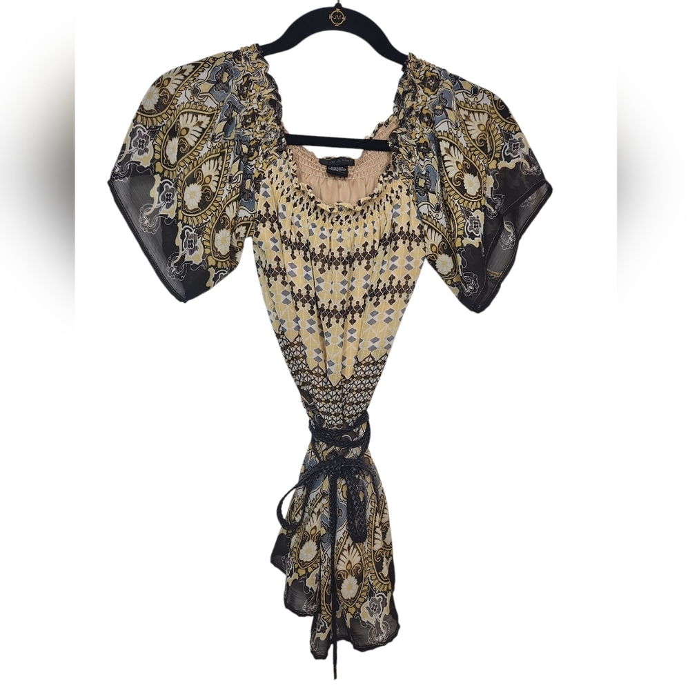 Sam & Max Women's Boho Brown And Yellow Smocked Peasant Top Size S
